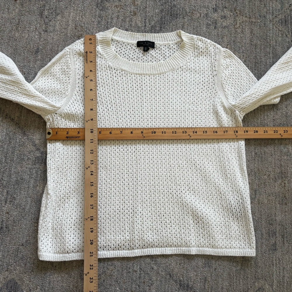 RAG & BONE White Crew Neck Sweater with Perforated/Open Knit Texture Trendy Chic - Picture 5 of 7